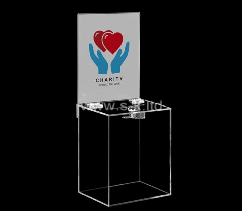Custom clear acrylic charity box with lock and sign holder