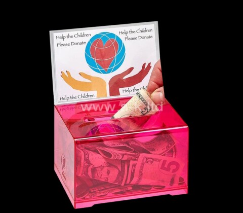 Custom translucent pink acrylic money box with lock & sign holder