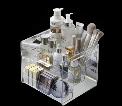 Organisateur de comptoir en acrylique avec diviseurs multiples pour soins de la peau et maquillage