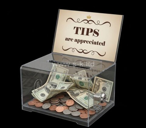 Custom plexiglass tips collection box with sign holder