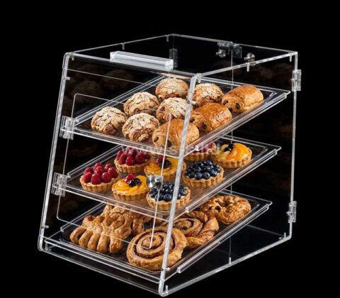Vitrina de acrílico a medida de tres niveles para pasteles y pan