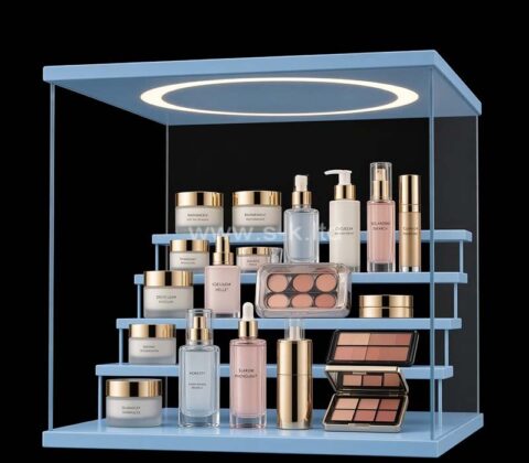 Vitrine d'exposition LED sur mesure en acrylique à 5 étages pour produits de soin et de maquillage