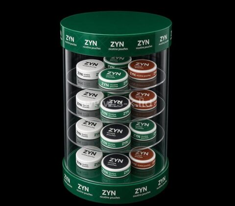 Maßgefertigte runde Acryl-Vitrine für ZYN-Nikotinbeutel