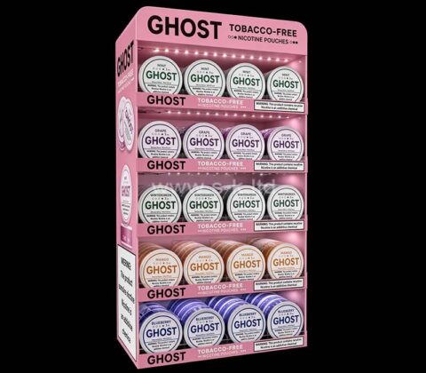 Custom acrylic retail GHOST nicotine pouches showcase